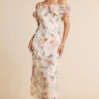 Floral Print Chiffon Patchwork Mesh Off Shoulder Ruffle Sleeveless Maxi Dress