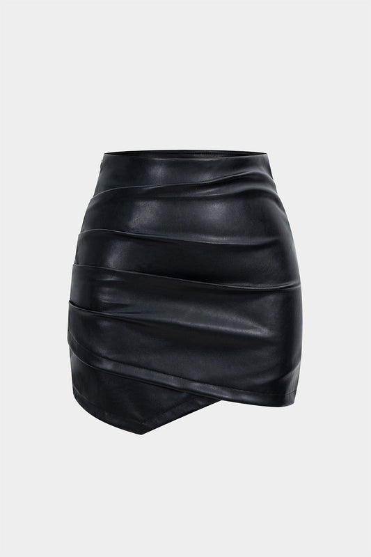 Faux Leather Ruched Asymmetrical Mini Skirt