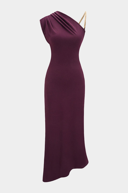 Ruched Asymmetrical Chain Slip Sleeveless Midi Dress