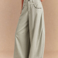Denim Studded Rivet Ruched Wide Leg Jeans