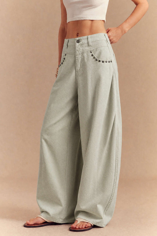Denim Studded Rivet Ruched Wide Leg Jeans