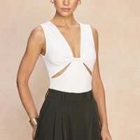 Solid V-Neck Cut Out Ruched Sleeveless Bodysuit