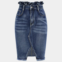 Denim Ruffle Asymmetrical Frayed Skirt