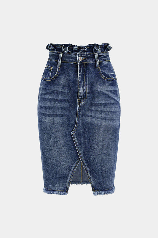 Denim Ruffle Asymmetrical Frayed Skirt