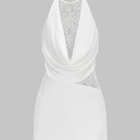 Patchwork Lace Halter Draped Cowl Neck Asymmetrical Sleeveless Mini Dress