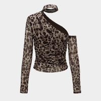 Mesh Leopard Print Asymmetrical Long-Sleeve Top