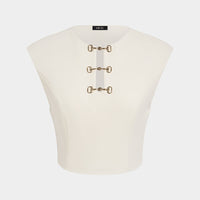 Metallic Buckle Round Neck Cut Out Top