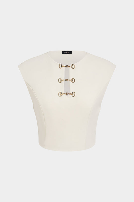 Metallic Buckle Round Neck Cut Out Top