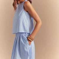 Stripes Print Button Tank Top And Pocket Skirt Set