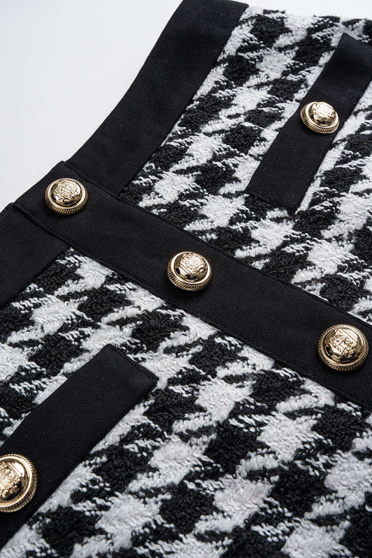 Houndstooth Print Button High Waist Skirt