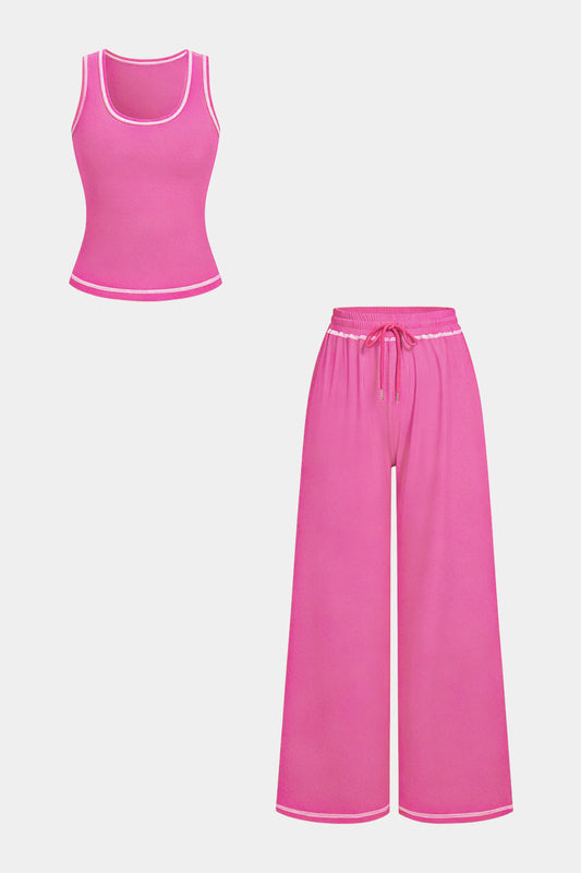 Solid U-Neck Tank Top And Wide Leg Pants Set
