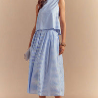 Stripes Print Button Tank Top And Pocket Skirt Set