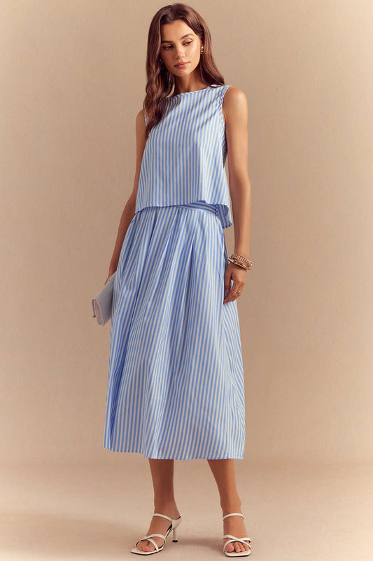 Stripes Print Button Tank Top And Pocket Skirt Set