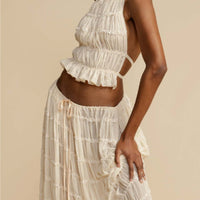 Pleated Drawstring Charm Waist Tiered Maxi Skirt