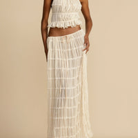 Pleated Drawstring Charm Waist Tiered Maxi Skirt
