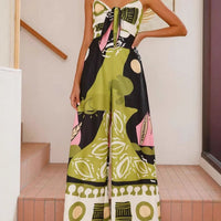Unique Painted Print Suspenders Wide-leg Jumpsuit