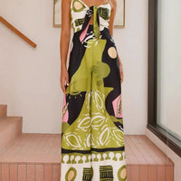 Unique Painted Print Suspenders Wide-leg Jumpsuit