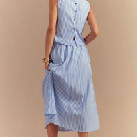 Stripes Print Button Tank Top And Pocket Skirt Set
