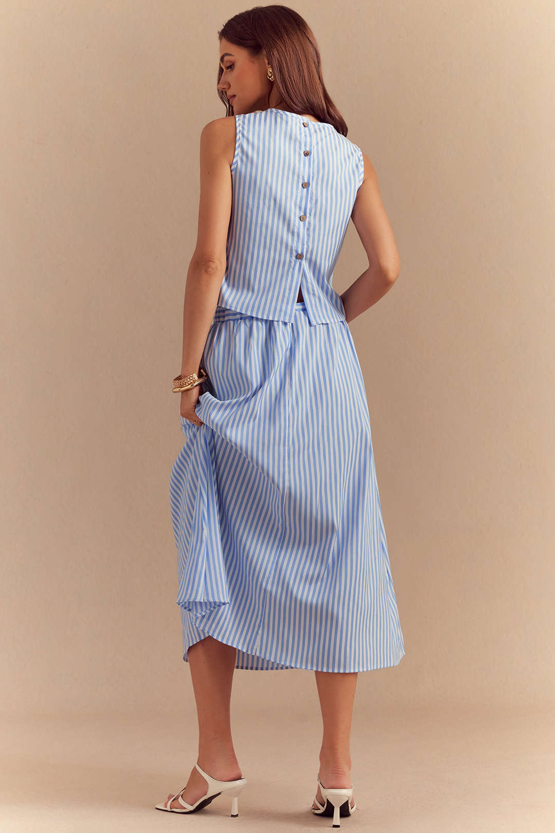 Stripes Print Button Tank Top And Pocket Skirt Set