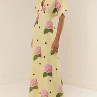 Jasmine Linen Blend Floral Polka Dot Wide Sleeve Shirt Maxi Dress