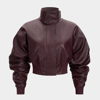 Faux Leather Stand Collar Zipper Jacket