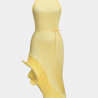 Asymmetrical Ruffle Tie-Up Ribbed Sleeveless Midi Dress