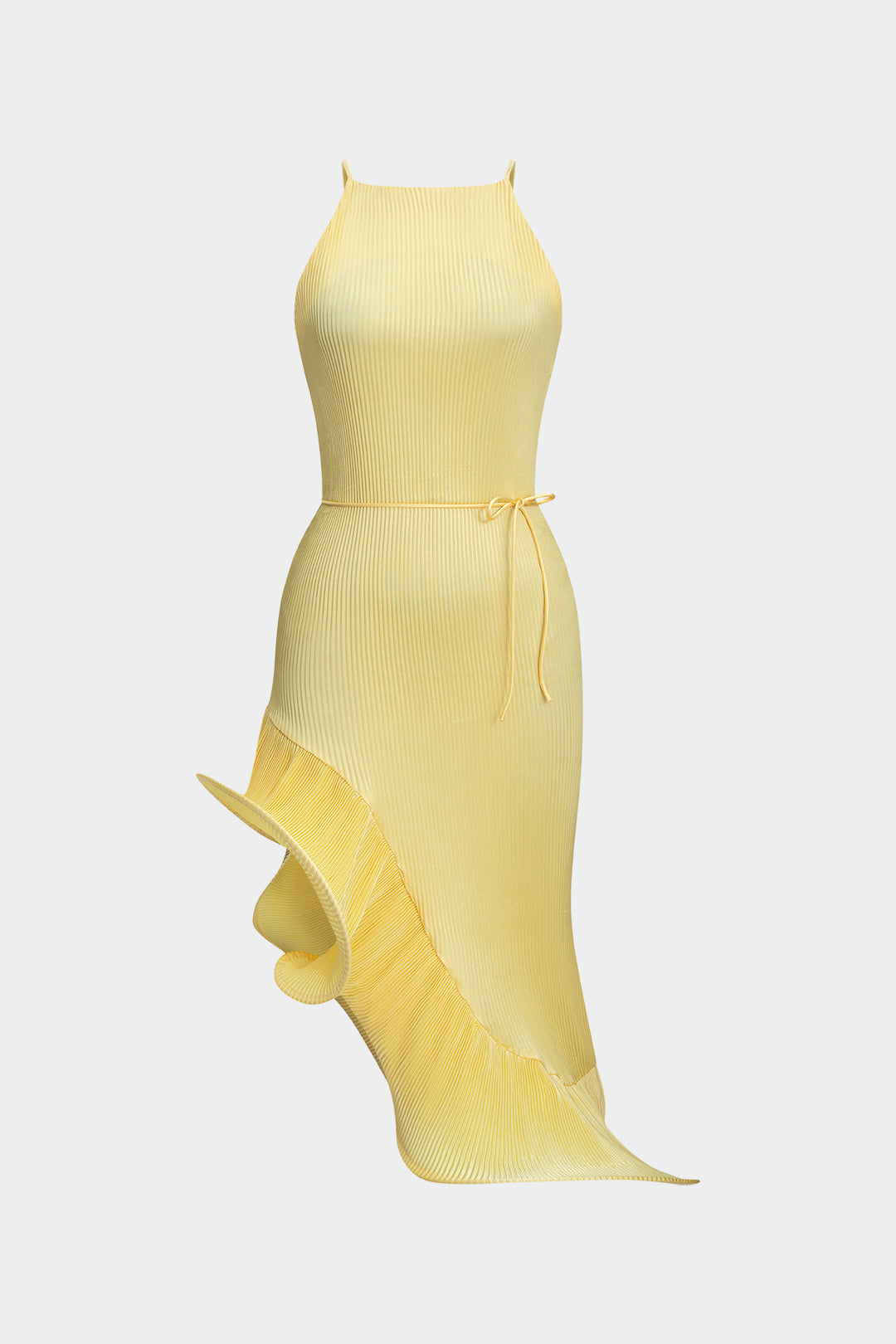 Asymmetrical Ruffle Tie-Up Ribbed Sleeveless Midi Dress