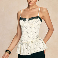 Polka Dots Print Satin Patchwork Lace Cami Top