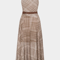 Plaid Print Mesh Twist Knot Round Neck Belted Sleeveless Midi Dress