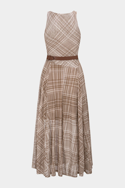 Plaid Print Mesh Twist Knot Round Neck Belted Sleeveless Midi Dress