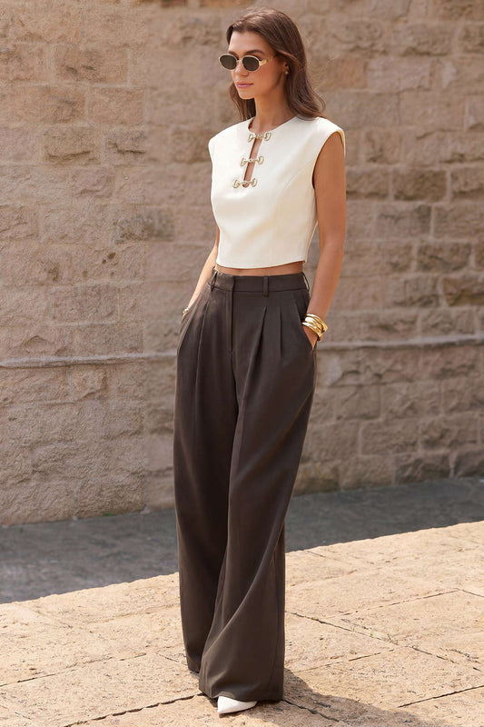 Metallic Buckle Round Neck Cut Out Top