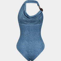 Denim Print Asymmetrical Draped Cowl Halter Neck Sleeveless Bodysuit