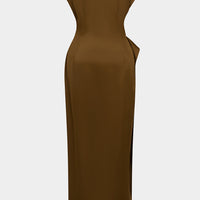 Satin Metallic Ruched Short Sleeve Midi Dress