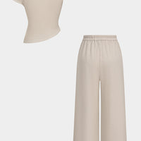 Textured One-Shoulder Ruched Top And Elastic Waistband Wide-Leg Pants Set