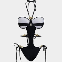 Metallic Tie-Up Beaded Cut Out Swimsuit