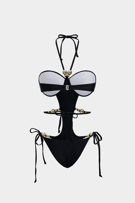 Metallic Tie-Up Beaded Cut Out Swimsuit