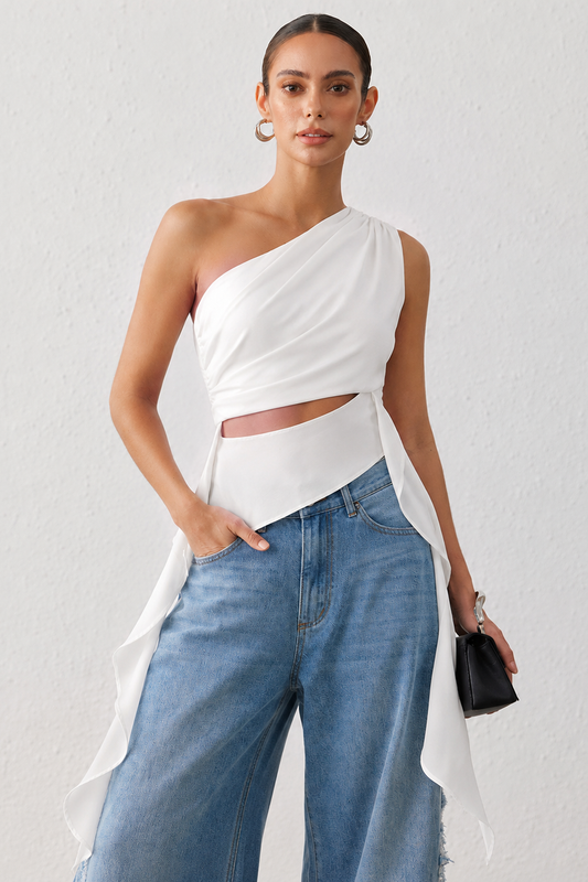 Solid One Shoulder Cut Out Ruched Tank Top