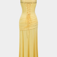 Mesh Patchwork Ruched Tie Back Crossed Sleeveless Maxi Dress