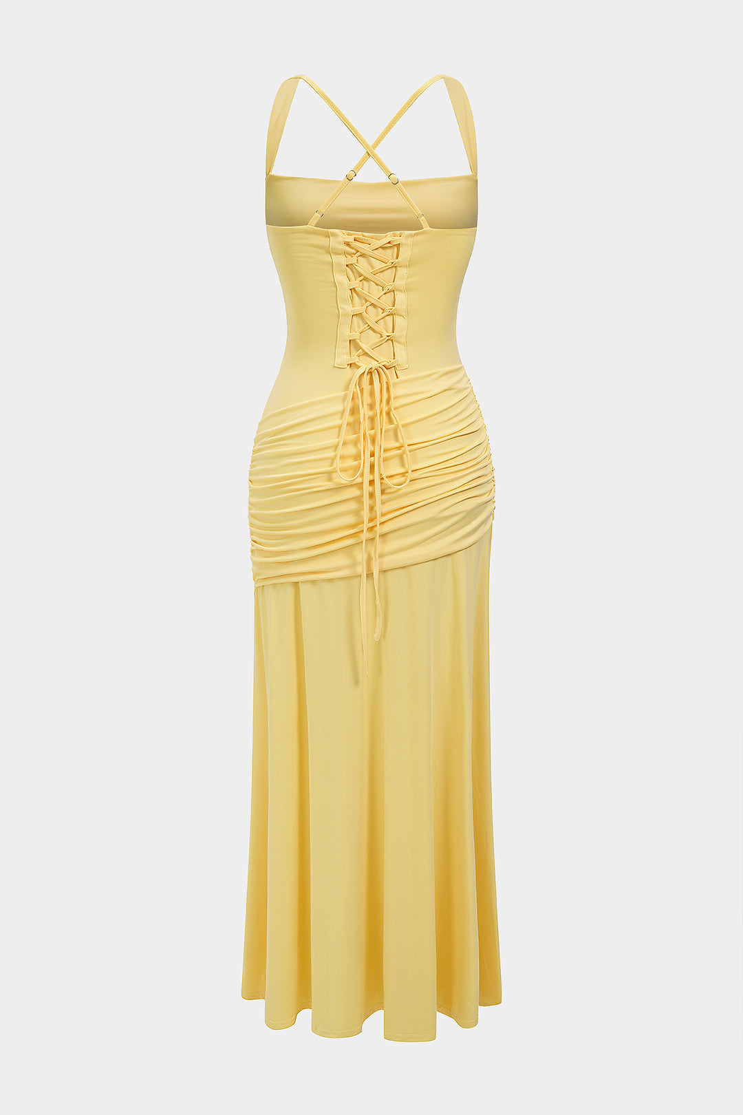 Mesh Patchwork Ruched Tie Back Crossed Sleeveless Maxi Dress