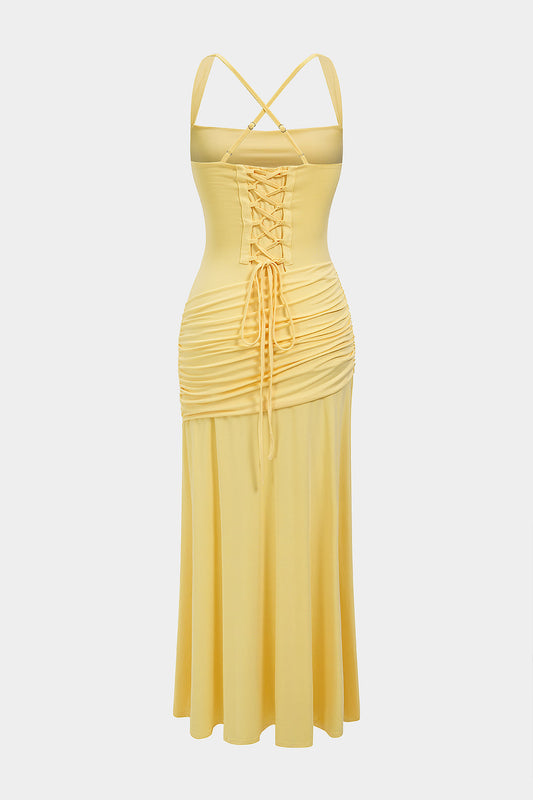Mesh Patchwork Ruched Tie Back Crossed Sleeveless Maxi Dress