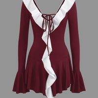 Contrast Ruffle Neck Bell Sleeve Tie Front Mini Dress