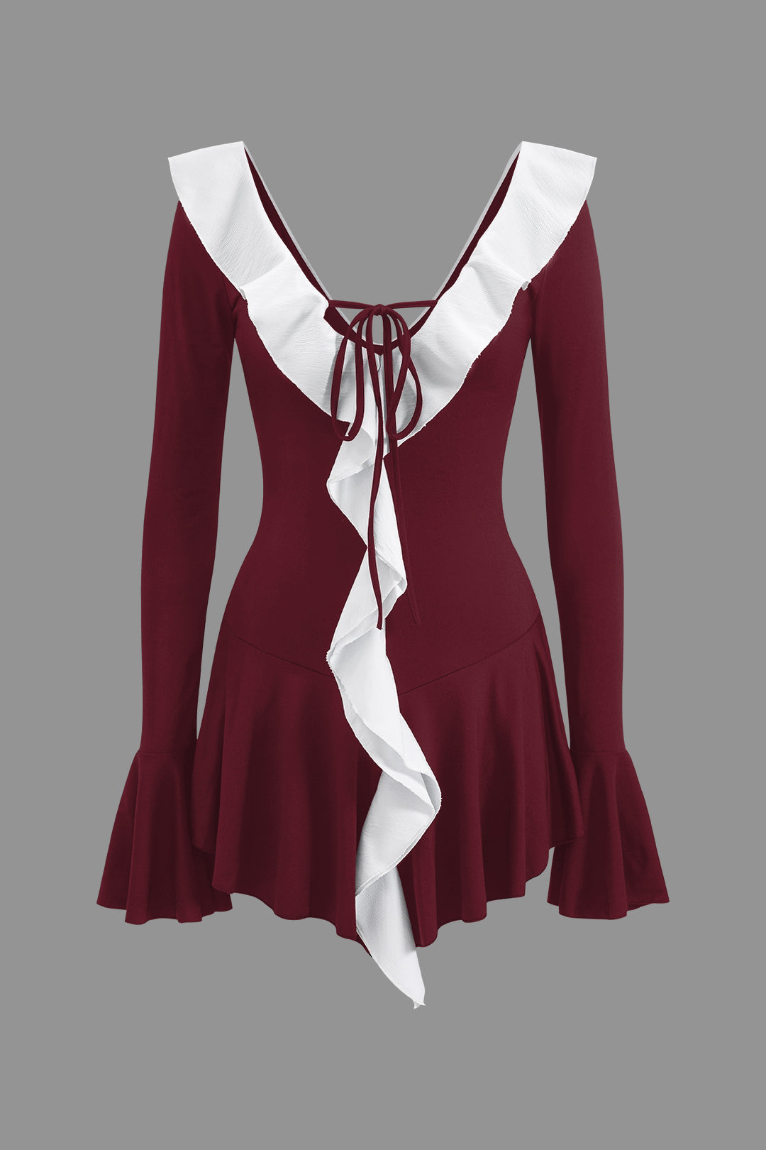 Contrast Ruffle Neck Bell Sleeve Tie Front Mini Dress