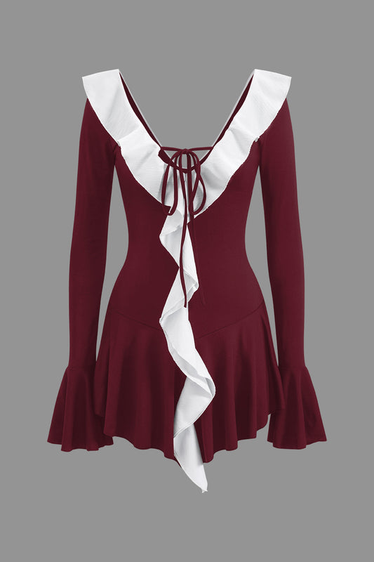 Contrast Ruffle Neck Bell Sleeve Tie Front Mini Dress