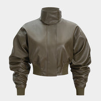 Faux Leather Stand Collar Zipper Jacket
