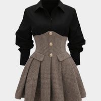 Houndstooth Print Patchwork Pleated High Waist Long-Sleeve Mini Dress