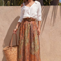 Retro Print Belted Ruched Skirt