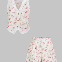 Floral Print Patchwork V-Neck Hollow-Out Shirt And Shorts Set