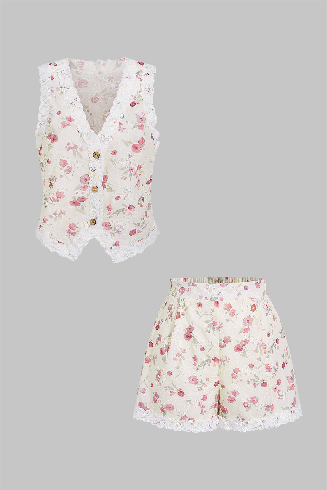 Floral Print Patchwork V-Neck Hollow-Out Shirt And Shorts Set