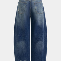 Denim Asymmetrical Frayed Barrel Jeans