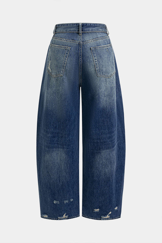 Denim Asymmetrical Frayed Barrel Jeans